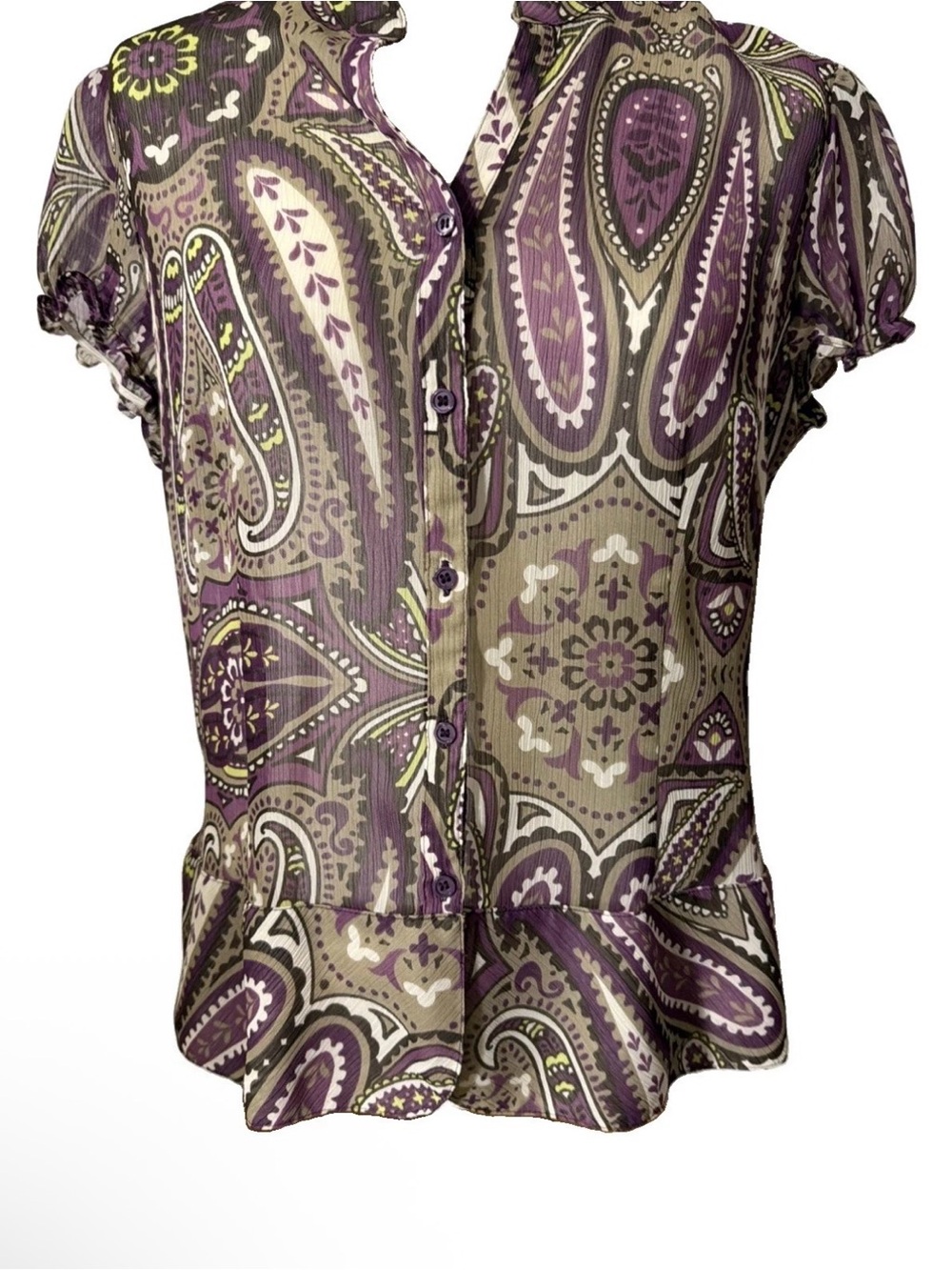 Worthington Vintage chiffon Purple,taupe green PaisleyButton-Up boho